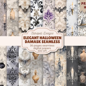 Puede incluir: Una colección de papeles digitales con un elegante tema de Halloween. Los diseños presentan patrones de damasco, murciélagos, velas, botellas de pociones y calabazas en tonos grises, morados y beige. El texto dice "Elegant Halloween Damask Seamless".