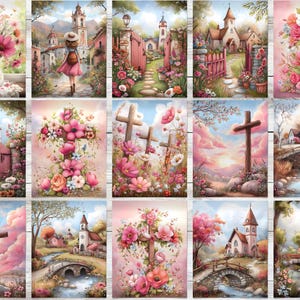 Op de afbeelding: Een verzameling aquarel schilderijen met kerken, kruisen en bloemstukken. Het kunstwerk toont zachte pastelkleuren, waaronder roze, blauw en groen. De afbeeldingen tonen sc&egrave;nes van de natuur, architectuur en religieuze symbolen.
