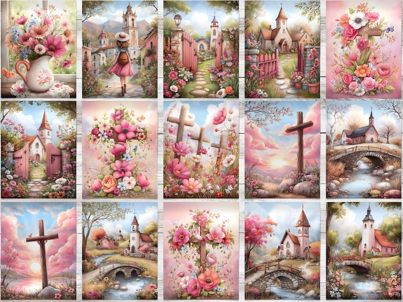 Op de afbeelding: Een verzameling aquarel schilderijen met kerken, kruisen en bloemstukken. Het kunstwerk toont zachte pastelkleuren, waaronder roze, blauw en groen. De afbeeldingen tonen sc&egrave;nes van de natuur, architectuur en religieuze symbolen.