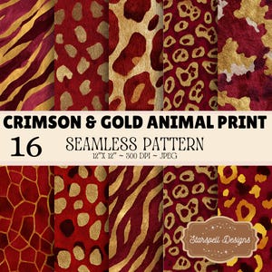Patrón sin costuras con estampado animal en carmesí y dorado, papel digital con estampado de leopardo rojo, cebra y jirafa, 16 patrones sin costuras.