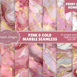 Puede incluir: Una colección de papeles digitales sin costuras de mármol rosa y dorado. Los papeles presentan patrones arremolinados en tonos de rosa, blanco y dorado. El texto de la imagen dice "Pink & Gold Marble Seamless" y "Print at Home".