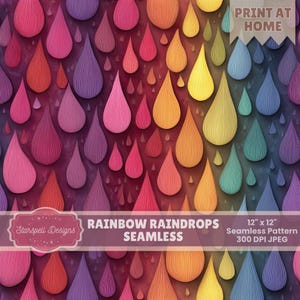 Rainbow Raindrops Seamless Pattern | Colorful Teardrop Texture, 3D Paper Cut Style, Vibrant Gradient Digital Paper 12x12 JPG