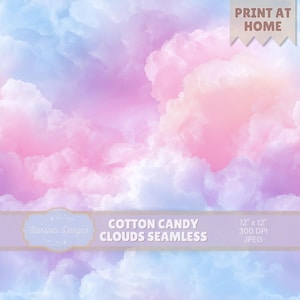May include: A seamless digital design featuring a cotton candy cloudscape in shades of pink, blue, and purple. The image includes the text "Cotton Candy Clouds Seamless" and "Print at Home". The design is 12 x 12 inches.