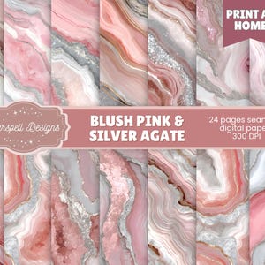 Pode incluir: Um conjunto de 24 papéis digitais sem costura com um design de ágata rosa blush e prata. Os papéis apresentam padrões em espiral em tons de rosa, cinza e branco, com detalhes em glitter prateado. O texto "Blush Pink & Silver Agate" é exibido.