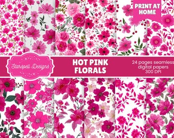 Hot Pink Floral Seamless Digital Paper, Bright Flower Patterns for Scrapbooking, Journals, Planner, Valentine's Day, Products & Crafts
