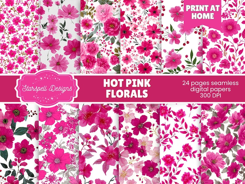 Hot Pink Floral Seamless Digital Paper, Bright Flower Patterns for ...