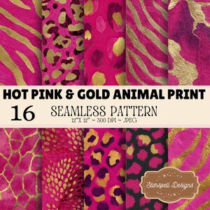 Papel digital con estampado animal en oro rosa, 16 diseños de animales de safari sin costuras, patrón sin costuras