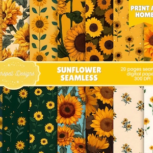 May include: A collection of seamless digital papers featuring vibrant sunflowers in various patterns. The designs include close-ups of sunflowers, floral arrangements, and repeating patterns in shades of yellow, orange, and green. The text reads "Sunflower Seamless".