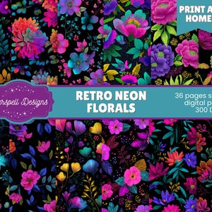 Op de afbeelding: Een verzameling digitale papieren met levendige retro neon bloemmotieven. Het kunstwerk toont een verscheidenheid aan kleurrijke bloemen en bladeren in roze, paarse, oranje en blauwe tinten tegen een zwarte achtergrond. Tekst bevat "Retro Neon Florals" en "Print at Home".