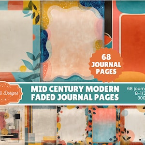 Puede incluir: Un conjunto de 68 páginas de diario con un diseño moderno de mediados de siglo. Las páginas presentan arte abstracto descolorido en tonos naranja, azul y amarillo. Las páginas del diario miden 21,6 x 27,9 cm y 300 DPI. El texto dice "Mid Century Modern Faded Journal Pages".