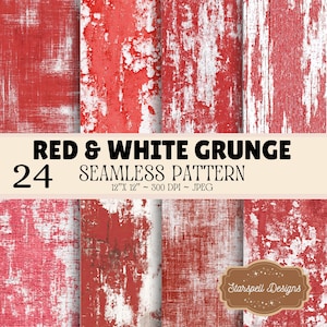 May include: A digital collection of 24 red and white grunge seamless patterns, each measuring 12 inches by 12 inches at 300 DPI in JPEG format. The image displays various weathered textures featuring distressed paint and wood grain effects.