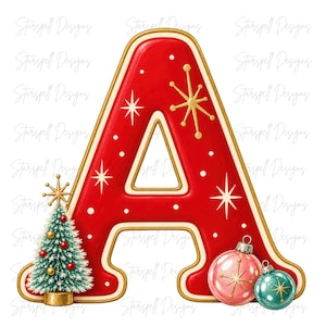 May include: A bright red letter A with a gold border, decorated with white dots and gold starburst patterns. A small green Christmas tree with gold and red ornaments sits on the left, and two round ornaments in pink and teal sit on the right.