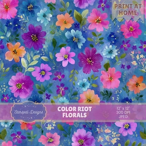 May include: A colourful floral pattern with pink, purple, orange, and blue flowers. The design includes the text "COLOR RIOT FLORALS" and is 30.48 x 30.48 cm in size. The image is a JPEG file.