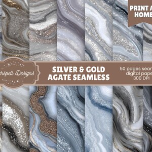 May include: A collection of seamless digital papers with silver and gold agate designs. The papers feature swirling patterns in shades of gray, silver, and gold, with glitter accents. The image includes the text "Silver & Gold Agate Seamless".