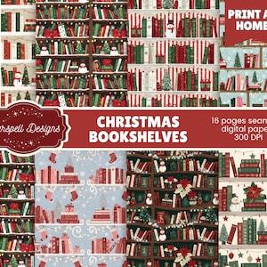 May include: A collection of Christmas-themed digital papers featuring bookshelves decorated with festive elements. The designs include red, green, and white books, Christmas trees, snowmen, and gift boxes. The text "Christmas Bookshelves" is displayed.