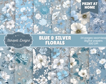Romantic Blue Florals Seamless Digital Papers | Botanical Scrapbook Backgrounds, Journals, Crafts, Elegant Blue Floral Pattern Set