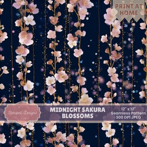 May include: A seamless pattern featuring pink and white sakura blossoms with gold accents on a dark blue background. The text "Midnight Sakura Blossoms" and "12" x 12" Seamless Pattern" are visible. The image is labeled "Print at Home".