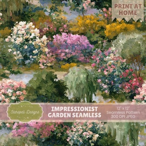Puede incluir: Un patrón sin costuras de jardín impresionista con una variedad de flores y follaje coloridos. El diseño incluye flores rosas, amarillas y blancas. El texto dice "IMPRESSIONIST GARDEN SEAMLESS" y "12 x 12 Seamless Pattern".