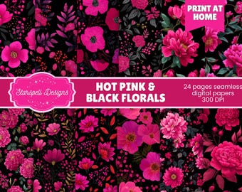 Hot Pink & Black Floral Seamless Patterns | Digital Scrapbooking Papers, Journals, Crafts, Modern Glam, Valentine’s Day, Wedding, Printable