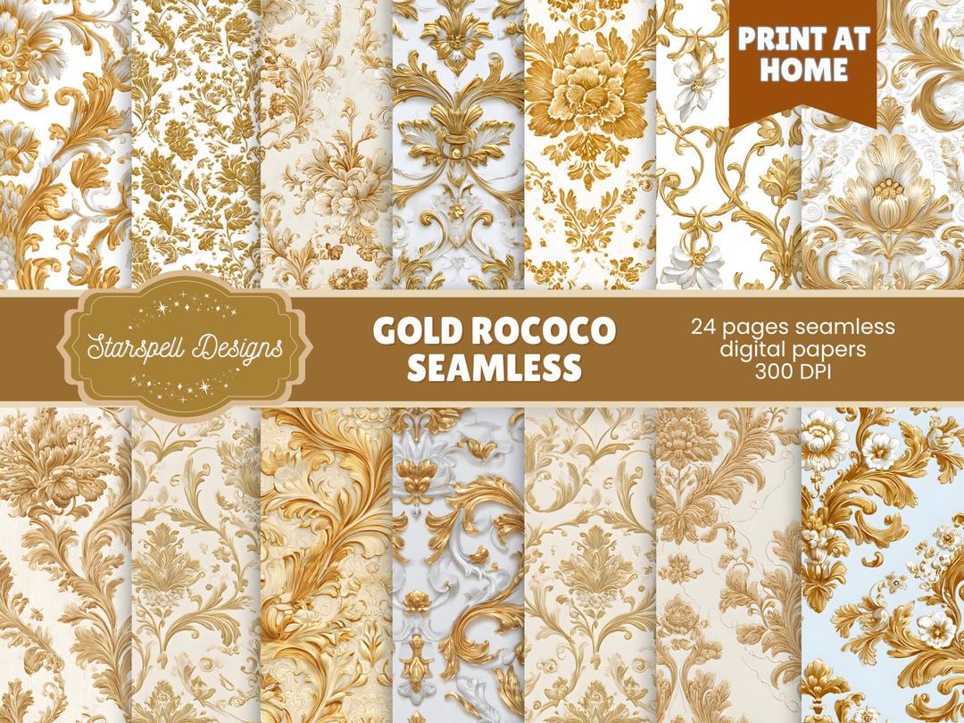Gold Rococo Seamless Patterns | 24 Elegant Metallic Digital Papers for ...