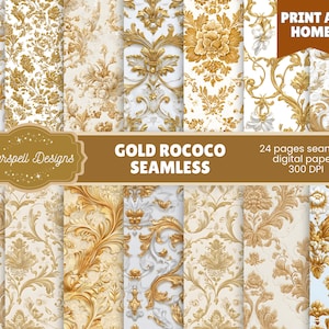 Peut inclure: Une collection de papiers numériques sans couture Rococo dorés. L'image présente divers motifs avec des motifs floraux et ornés en or et crème. Le texte comprend "Gold Rococo Seamless", "24 pages de papiers numériques sans couture" et "Print at Home".