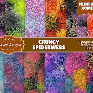 May include: A selection of digital papers with grungy spiderweb designs in a variety of colours. The designs feature purple, orange, yellow, and blue backgrounds with white spiderwebs. The image includes the text "Grungy Spiderwebs" and "30 pages seamless digital papers 300 DPI."