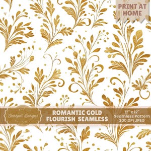 Motivo romantico dorato senza soluzione di continuità / Elegante voluta botanica, viticci floreali in lamina d'oro, carta digitale minimalista di lusso 12x12 JPG