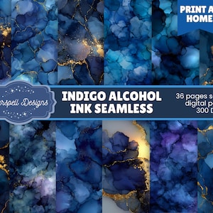 Könnte beinhalten: Eine Sammlung nahtloser digitaler Papiere mit Indigo-Alkohol-Tinte. Die Designs zeigen wirbelnde blaue und goldene Muster. Der Text lautet: "PRINT AT HOME", "Starspell Designs", "INDIGO ALCOHOL INK SEAMLESS", "36 pages seamless digital papers 300 DPI".