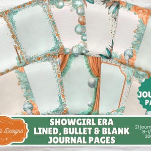 May include: A collection of 21 journal pages with a showgirl theme. The pages are lined, bullet, and blank, with a size of 8.5 x 11 inches. The design features ornate borders in teal, gold, and peach, with decorative elements like guitars and stage curtains.