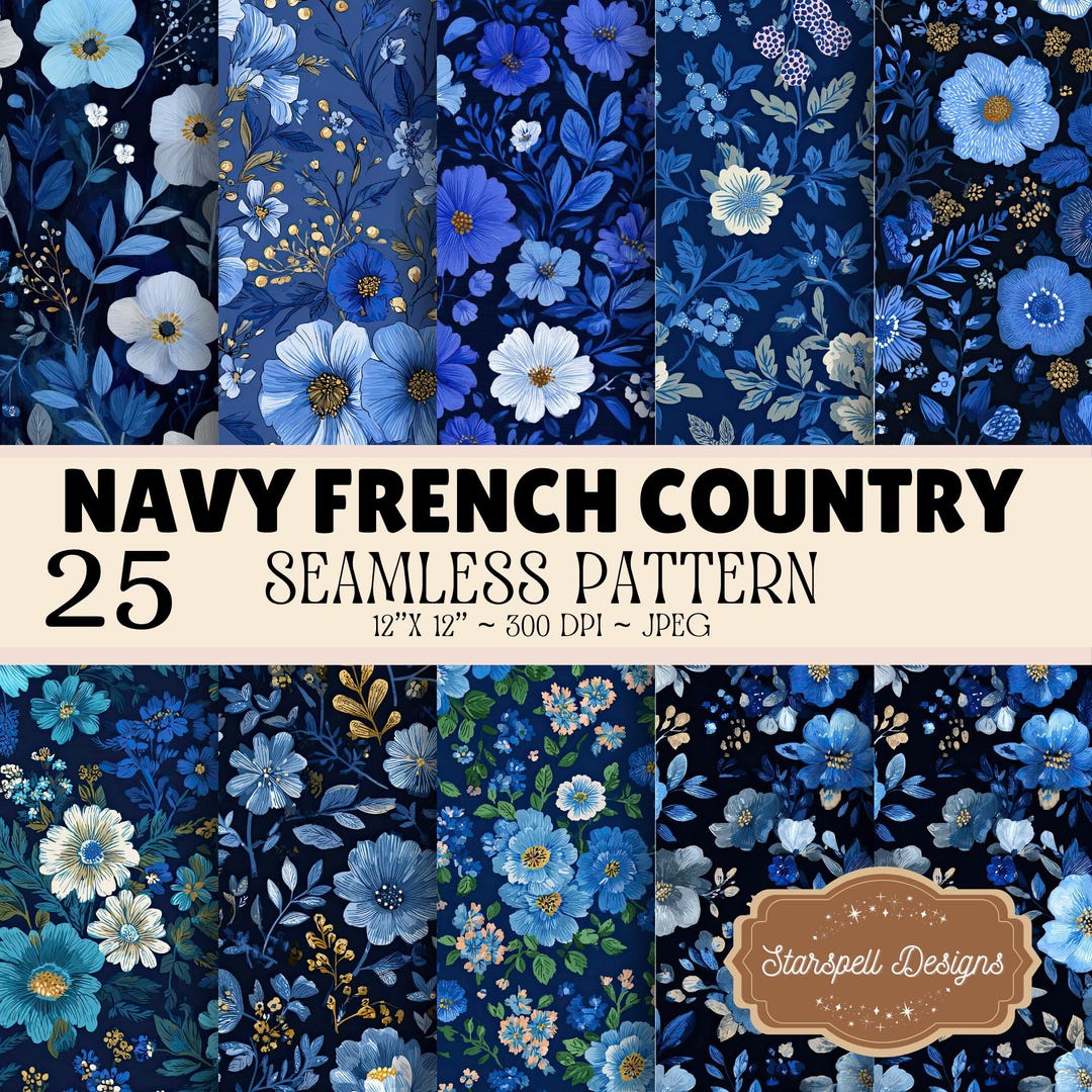 Contery Pattern Navy French Country Seamless Patterns | 25 Vintage Floral Digital ...