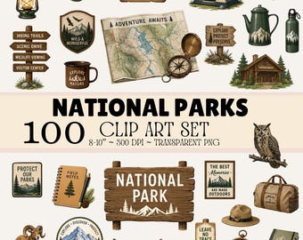 Celebrate National Parks Hiking & Camping Clip Art Set – 100 Outdoor Adventure PNG Graphics Illustrations, Transparent Nature Images