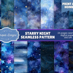 May include: A collection of digital papers with a starry night theme. The designs feature watercolor textures in shades of blue, purple, and gold, with constellations and stars. The image includes the text "Starspell Designs" and "STARRY NIGHT SEAMLESS PATTERN".