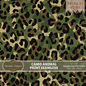 May include: Seamless camo animal print design in shades of green, brown, and black. The pattern features a leopard print design with the text "CAMO ANIMAL PRINT SEAMLESS". The image is 12" x 12" and is a seamless pattern.