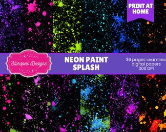 Neon Paint Splash Seamless Patterns | 36 Bold Splatter Abstract Digital Papers for Scrapbooking, Journals & Crafts