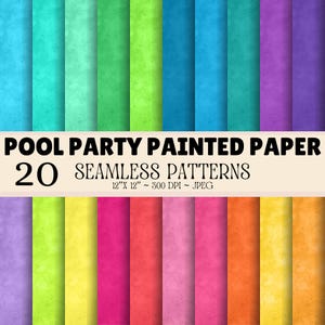 Op de afbeelding: Een digitale collectie van 20 naadloze patronen getiteld POOL PARTY PAINTED PAPER 12" X 12" ~ 300 DPI ~ JPEG. De afbeelding toont verticale strepen in levendige kleuren, waaronder turkoois, limoengroen, blauw, paars, geel, roze en oranje.