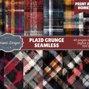 Peut inclure: Ensemble de papiers numériques avec des motifs grunge à carreaux dans diverses couleurs, dont le noir, le rouge et le bleu. Le texte "Plaid Grunge Seamless" et "Print at Home" est inclus.