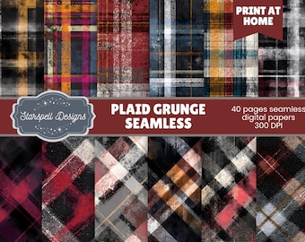 Plaid Grunge Seamless Patterns | 40 Distressed Tartan Digital Papers, Rustic Worn Check Backgrounds for Scrapbooking & Crafts