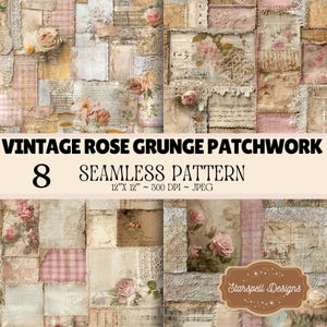 May include: A digital seamless pattern featuring a vintage rose grunge patchwork design with various fabric textures, lace, floral prints, and handwritten script elements in shades of pink, beige, and cream, labelled VINTAGE ROSE GRUNGE PATCHWORK.