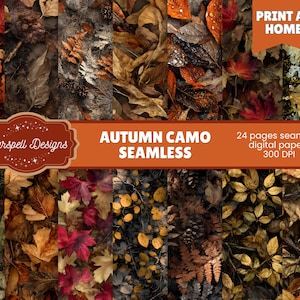May include: A digital paper set featuring an autumn camo design. The image showcases a collage of various fall leaves in shades of brown, orange, and red. The text reads "Autumn Camo Seamless" and "Print at Home".
