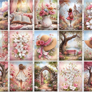 Op de afbeelding: Een verzameling aquarelprints met romantische sc&egrave;nes. De prints tonen landschappen, bloemstukken en figuren in zachte roze en pastelkleuren. Sommige prints bevatten een kruis, een hoed en een boek.
