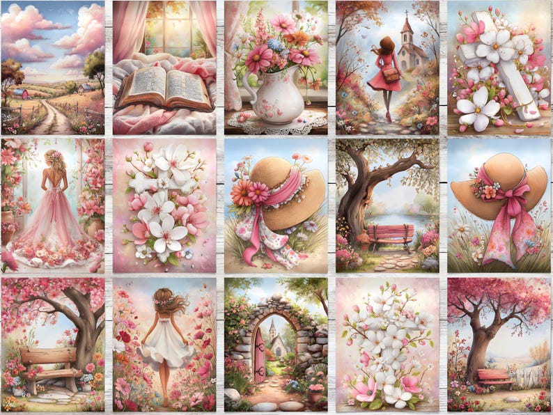 Op de afbeelding: Een verzameling aquarelprints met romantische sc&egrave;nes. De prints tonen landschappen, bloemstukken en figuren in zachte roze en pastelkleuren. Sommige prints bevatten een kruis, een hoed en een boek.