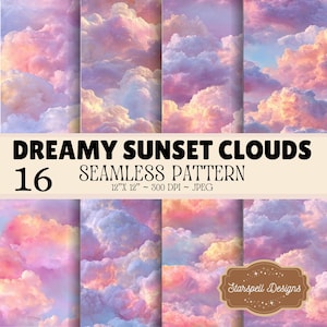 Dreamy Sunset Clouds Seamless Pattern Digital Paper, Cotton Candy Sky Backgrounds, Pastel Pink Purple Cloud Patterns, 16 Celestial Papers