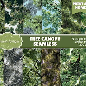 May include: A collage of seamless digital papers featuring tree canopy designs. The papers showcase various views of tree canopies with green and brown foliage. The image includes text that reads "Starspell Designs", "TREE CANOPY SEAMLESS", "PRINT AT HOME", and details about the digital papers.