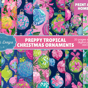 Puede incluir: Un conjunto de papeles digitales con adornos navideños coloridos con diseños florales tropicales. Los adornos son en tonos rosa, azul, verde y amarillo, con una variedad de patrones. Se muestra el texto "Preppy Tropical Christmas Ornaments".