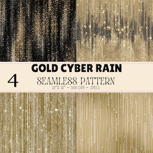 Guldfärgat cyberregn sömlöst mönsterpaket, guldfärgat digitalt papper, binärt kodregn, metallisk glamourbakgrund, cyberpunk-hantverk, 4 JPG-filer