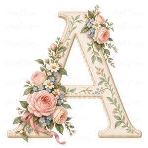 Pode incluir: Uma letra A maiúscula de cor creme decorada com um arranjo floral de rosas cor-de-rosa, margaridas brancas e pequenas flores azuis. A letra apresenta uma delicada borda de renda e é acentuada com uma fita cor-de-rosa suave.