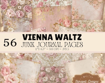 Strony dziennika „Vienna Waltz Junk” – 56 romantycznych, vintage'owych, kwiatowych papierów do druku, tła w stylu shabby chic z różowymi różami i eleganckie, wiktoriańskie strony