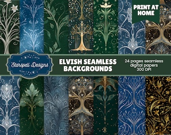 Betoverd bos digitaal papier, Elvish Fantasy naadloze patronen voor scrapbooking, achtergronden geïnspireerd door Lord of the Rings, Elven Designs