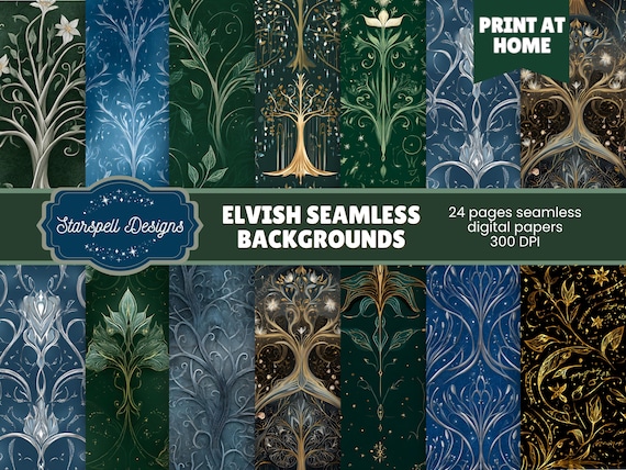 Enchanted Forest Digital Paper, Elvish Fantasy Seamless Patterns for Scrapbooking, Backgrounds Inspired by Lord of the Rings, Elven Designs