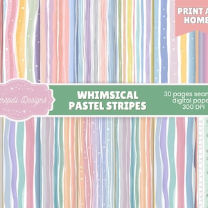 Puede incluir: Conjunto de papeles digitales con rayas pastel caprichosas en varios colores, incluyendo rosa, azul, amarillo y verde. El diseño incluye el texto "Whimsical Pastel Stripes" y "Print at Home". El conjunto incluye 30 papeles digitales sin costuras a 300 DPI.